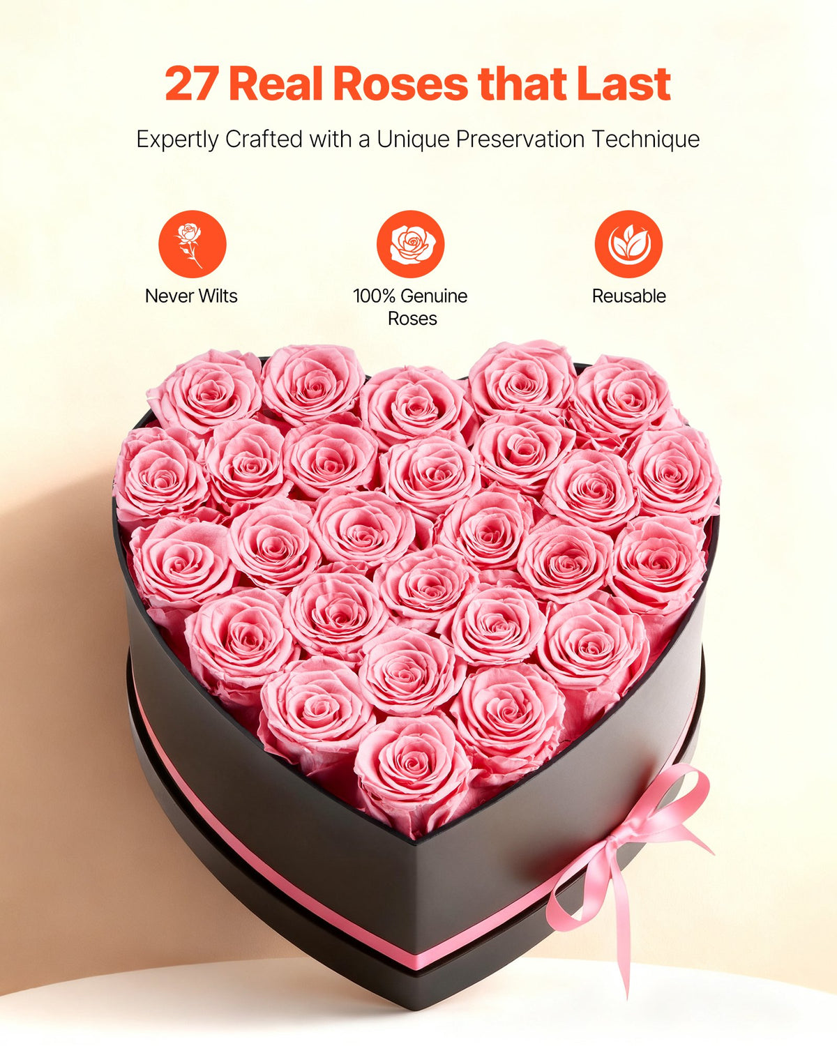 27 Preserved Pink Roses in a Heart Gift Box - image 2