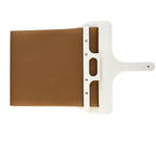 Pizza peel with brown fabric belt and white wooden handle on a white background
