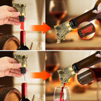 Steps showing a boar head pourer fitted to a wine bottle and pouring
