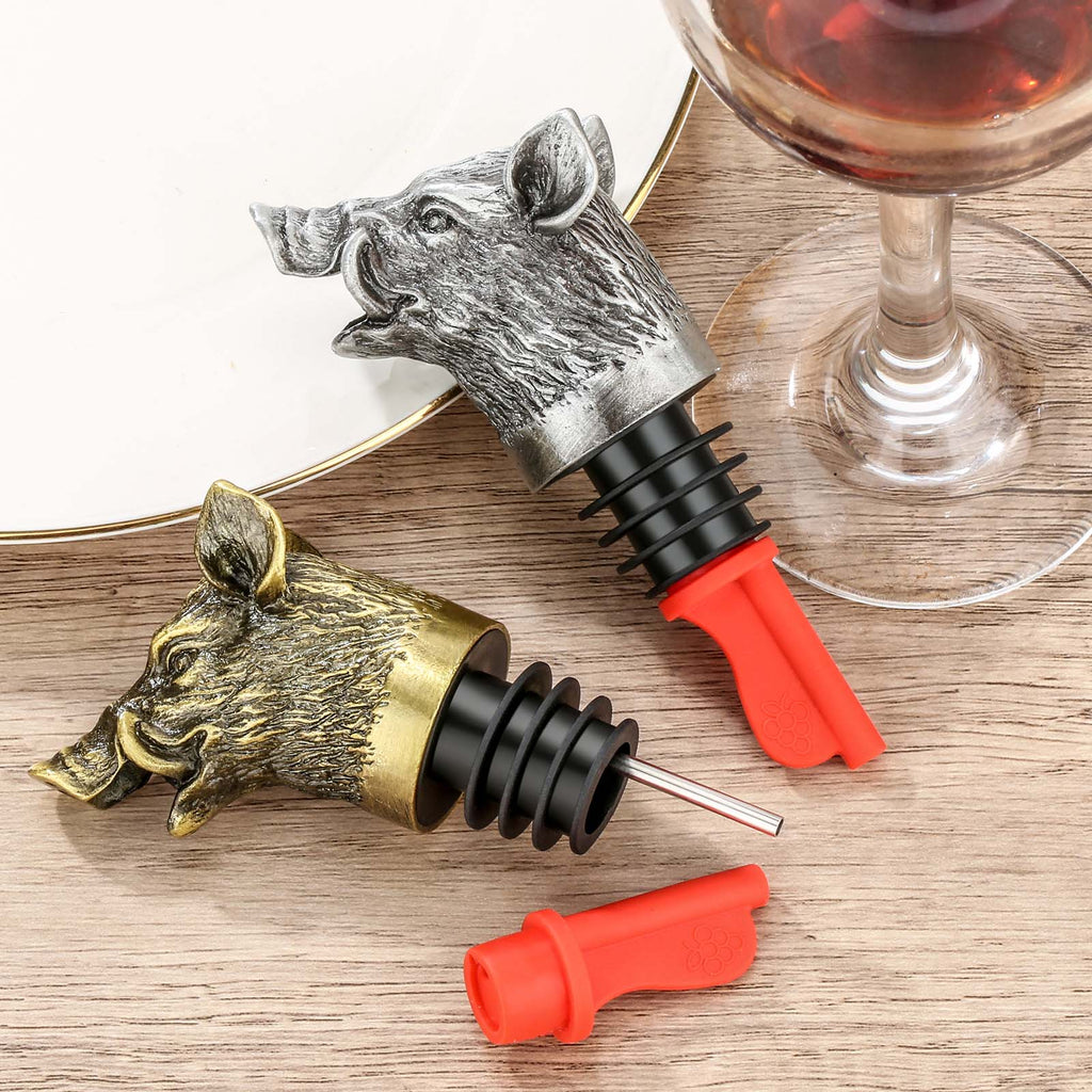 Bronze and Dark Silver wild boar head wine pourers with red spouts