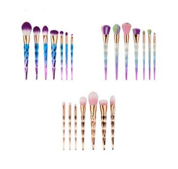 Makeup brush set with multicolour pastel bristles fanned out