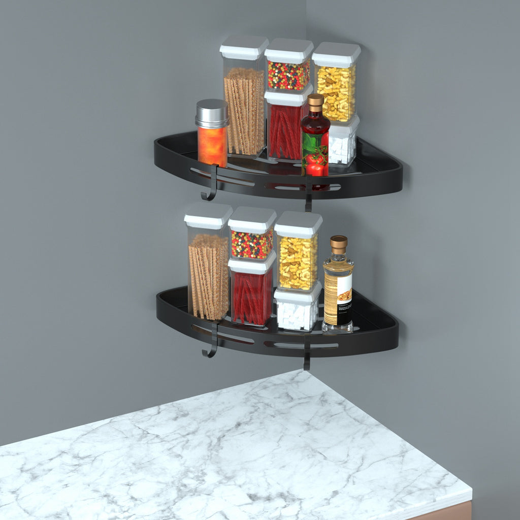 Corner shower caddy in a bathroom