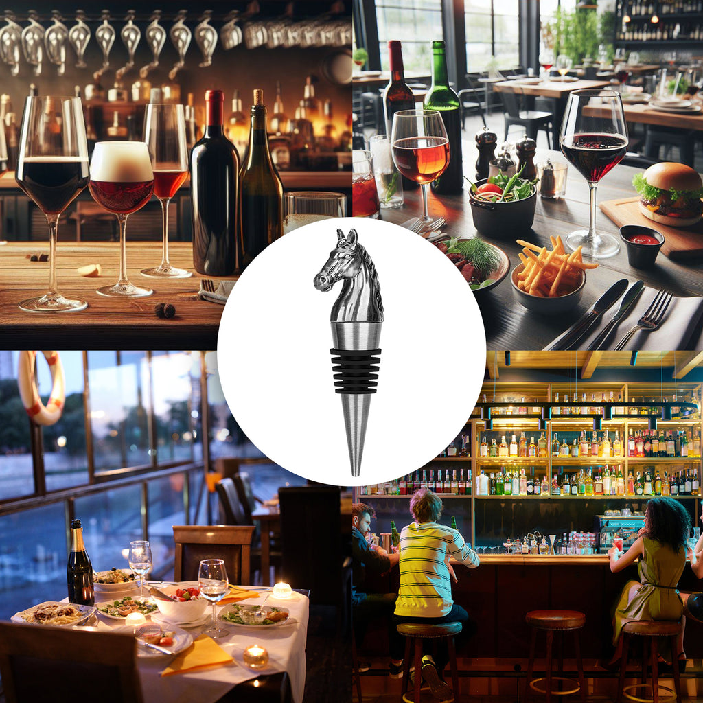 Dark Silver horse head wine stopper shown in bar and restaurant scenes
