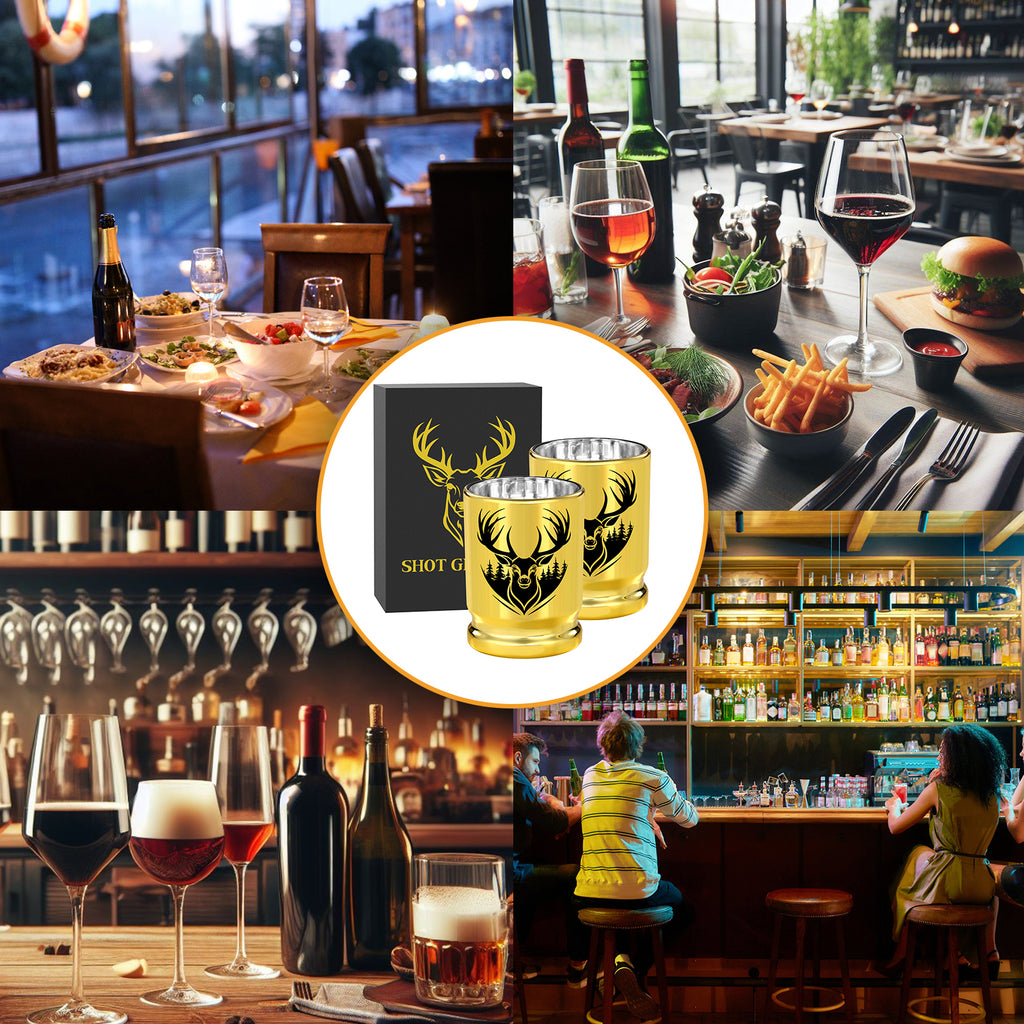 Deer head shot glass set in a gift box in a restaurant and bar setting