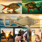 Bass fish bottle opener shown with fish and beer bottle scenes