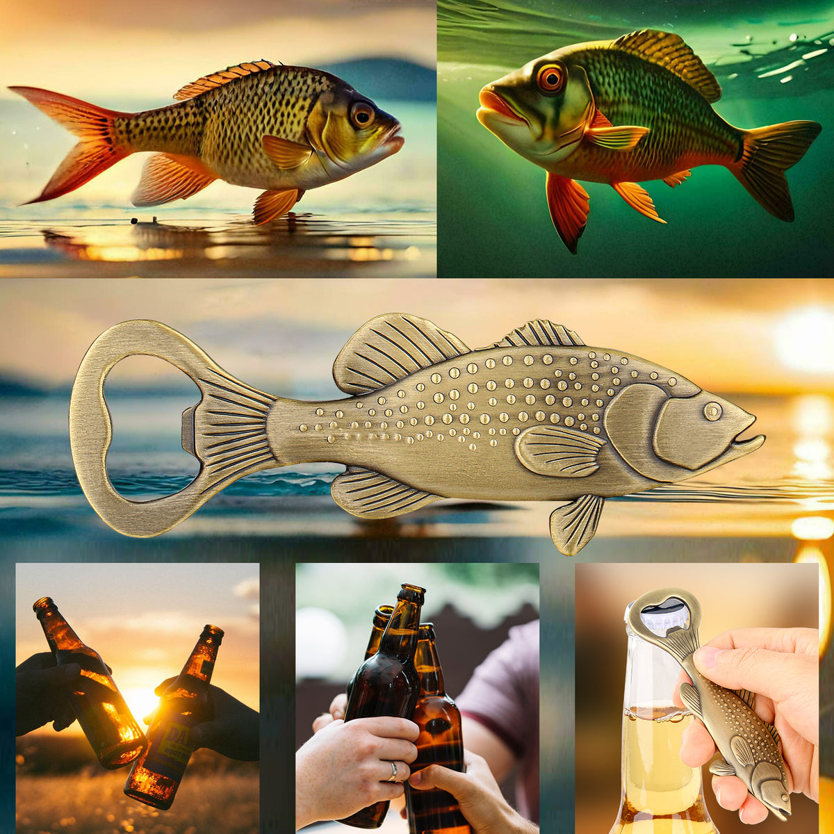 Bass fish bottle opener shown with fish and beer bottle scenes