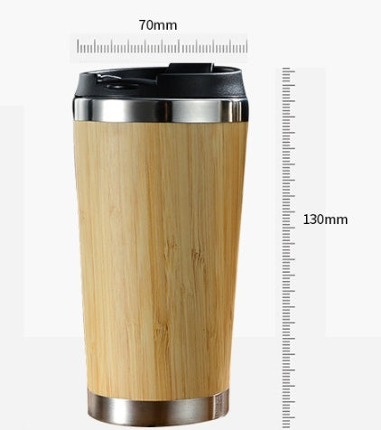 Bamboo coffee cup shown with dimension markings beside it