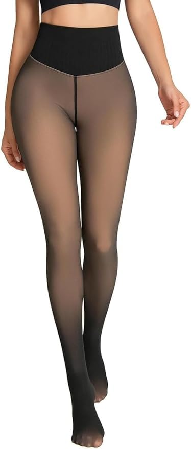 ZHAS fleece lined sheer-look thermal tights in Black, front view
