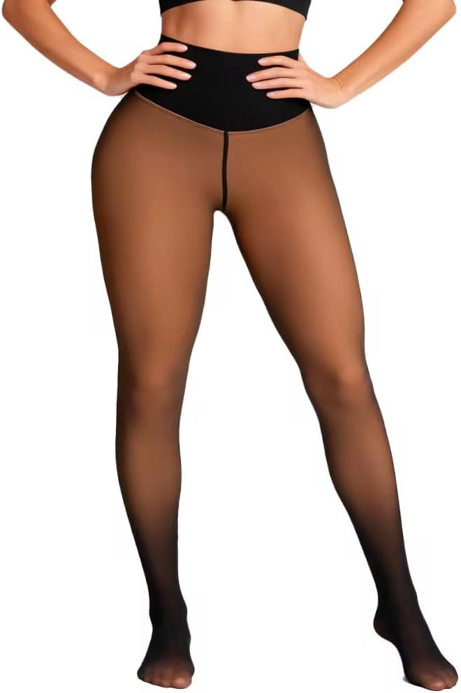Women's fleece lined thermal leggings in Tan - high waist tummy control, front view