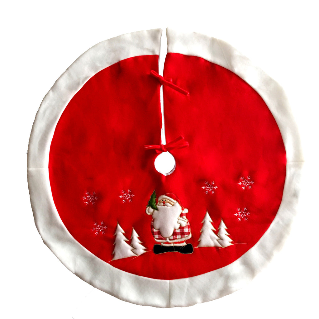 Round Christmas tree skirt with a red centre, white border and an embroidered Santa between two pine trees
