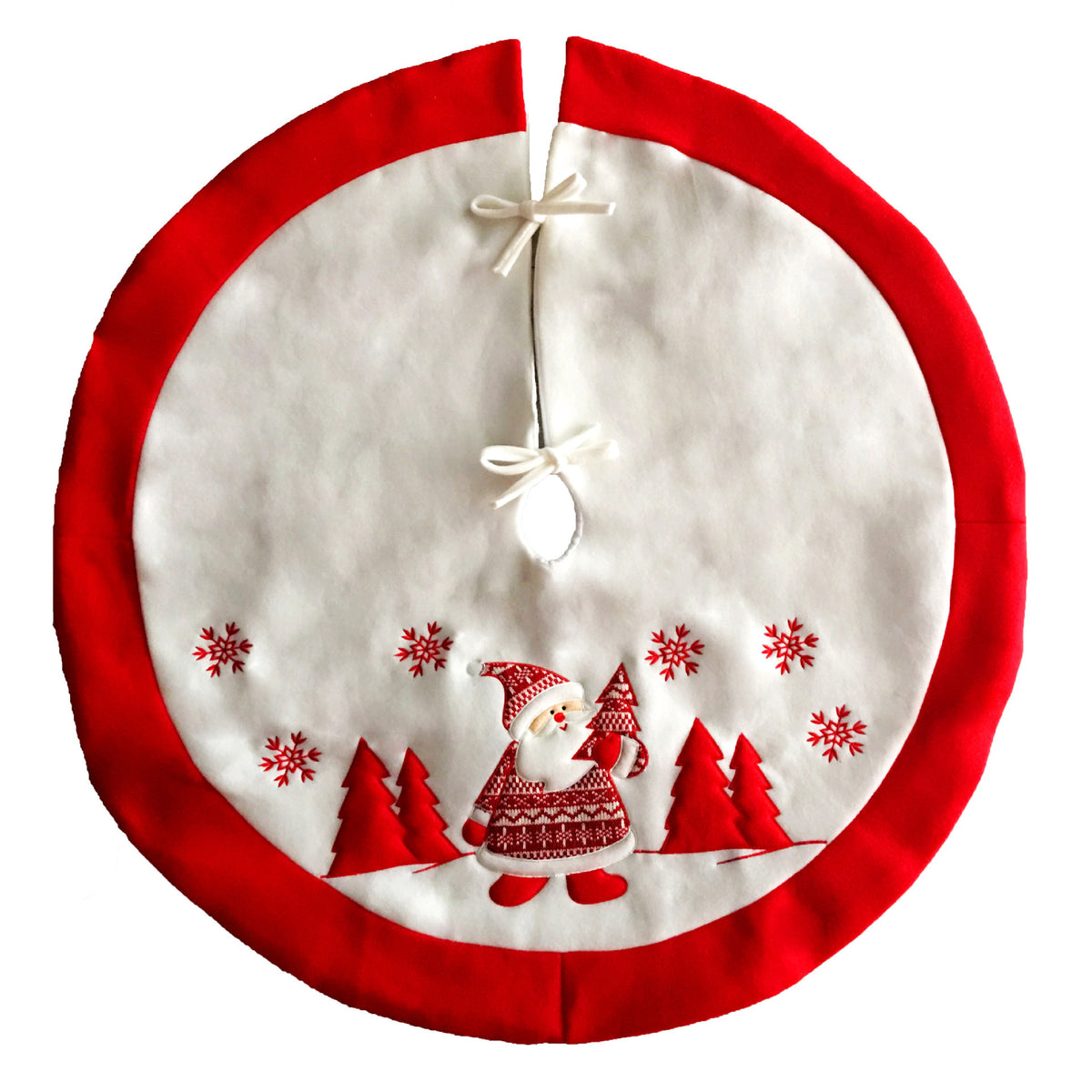 Round Christmas tree skirt with a white centre, red border and an embroidered Santa with pine trees and snowflakes
