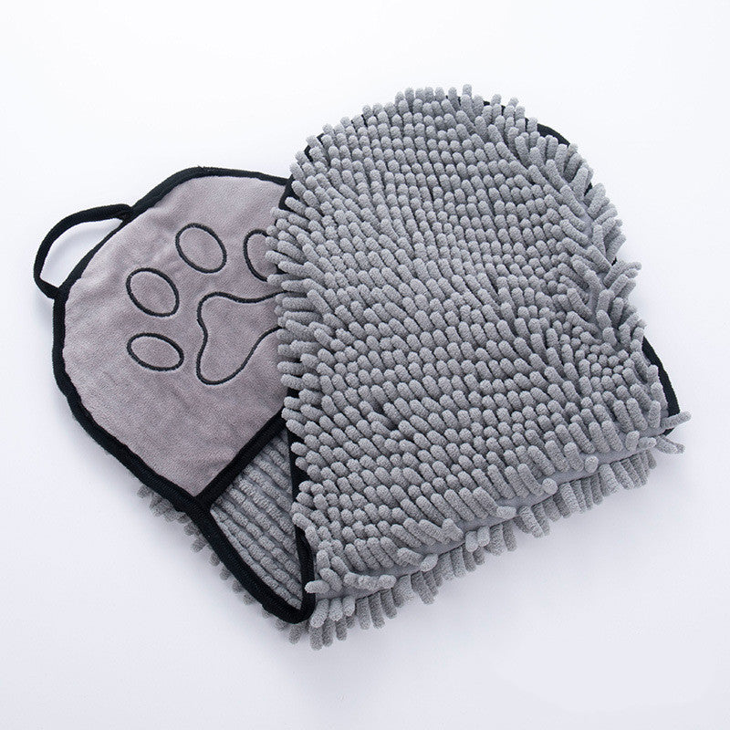 Grey chenille pet towel with paw-print pocket detail