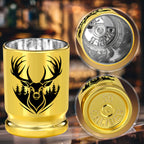 Gold deer head shot glass with cartridge-style base shown from below and above
