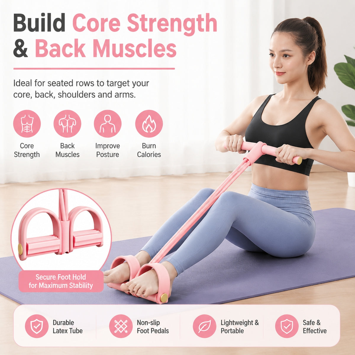 6-Tube Pedal Puller Resistance Band, Pink Foot Pedal Exerciser - image 1