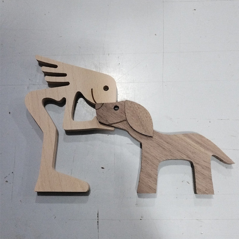Wooden person and dog figurine, Style 7: light wood person facing a dog, two loose pieces