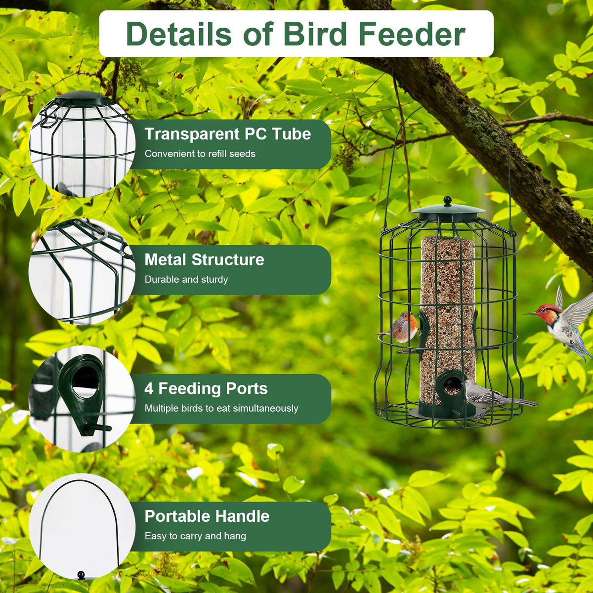 Metal Cage Bird Feeder with 4 Feeding Ports, Green - image 2