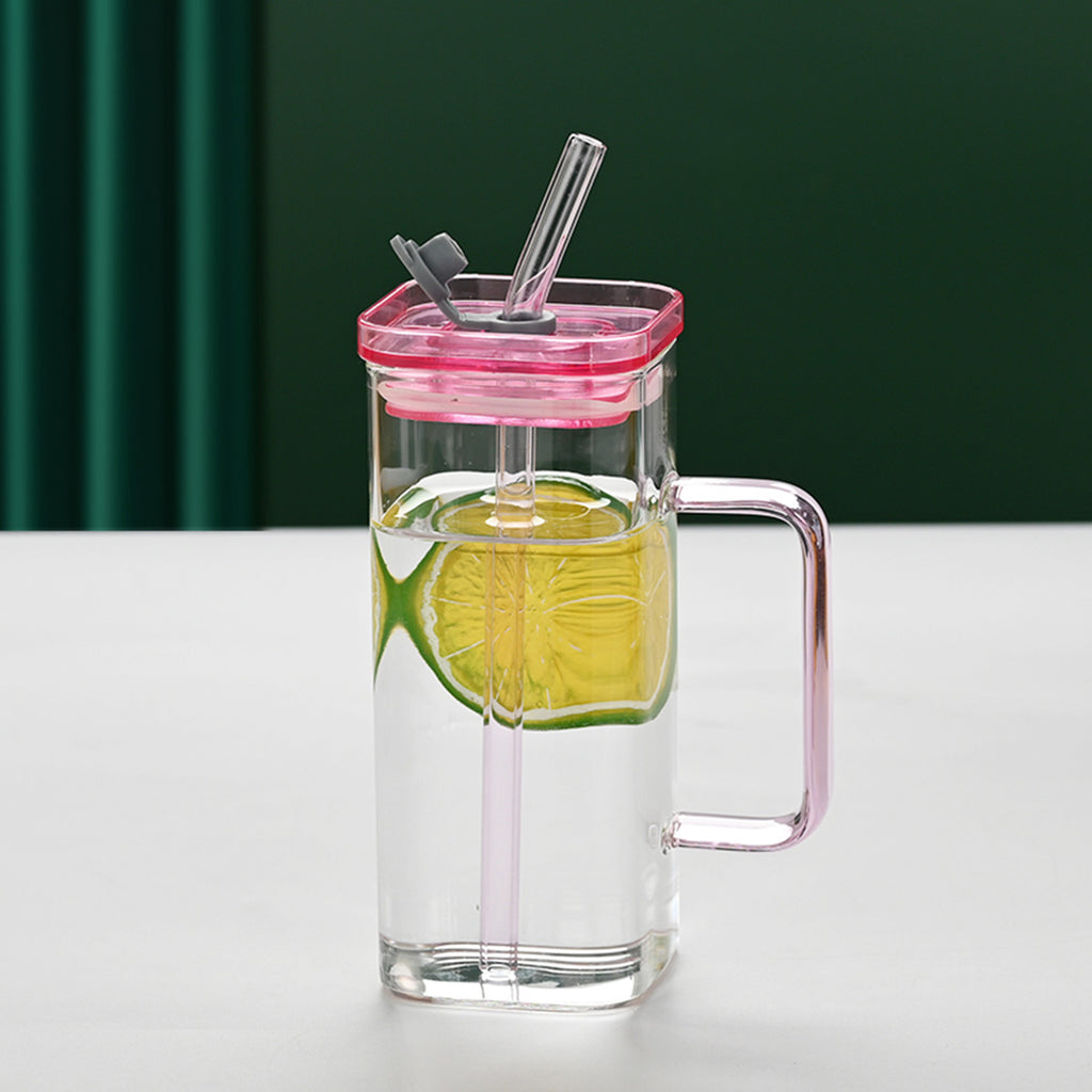Square Glass Cup with Lid and Straw