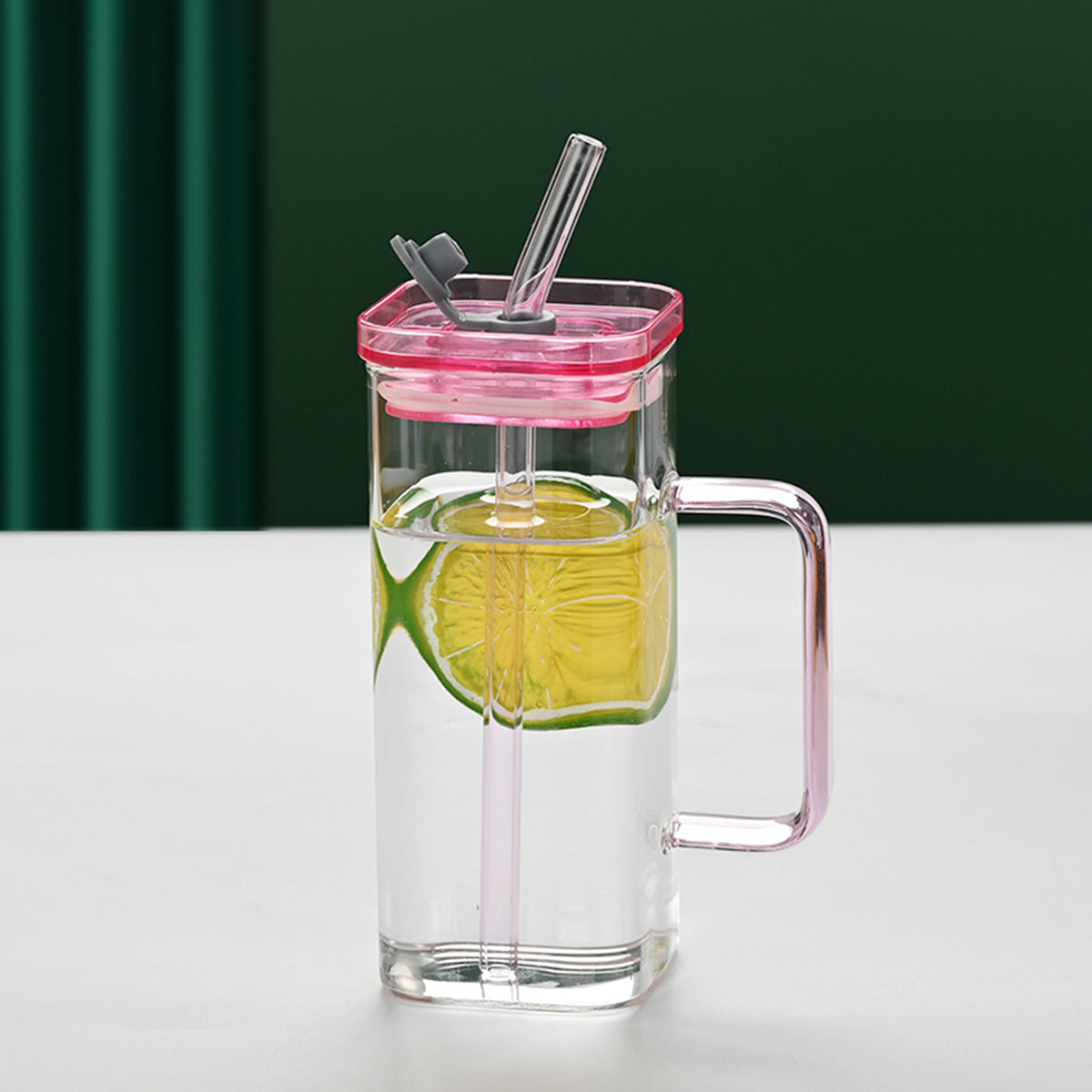 Square Glass Cup with Lid and Straw
