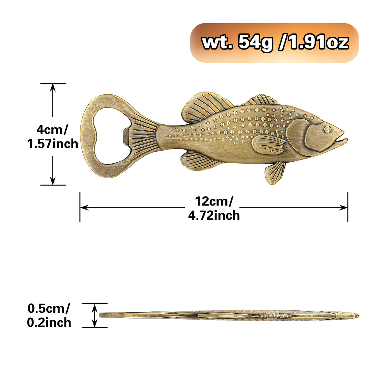 Bass fish bottle opener size diagram, 4.72 in long, 54 g