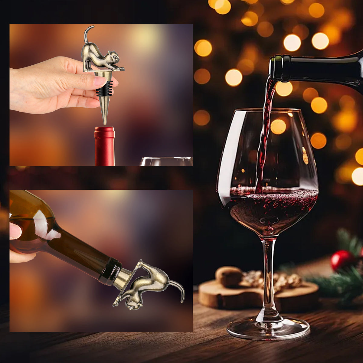 Hand placing a cat wine stopper in a bottle, with a glass of red wine