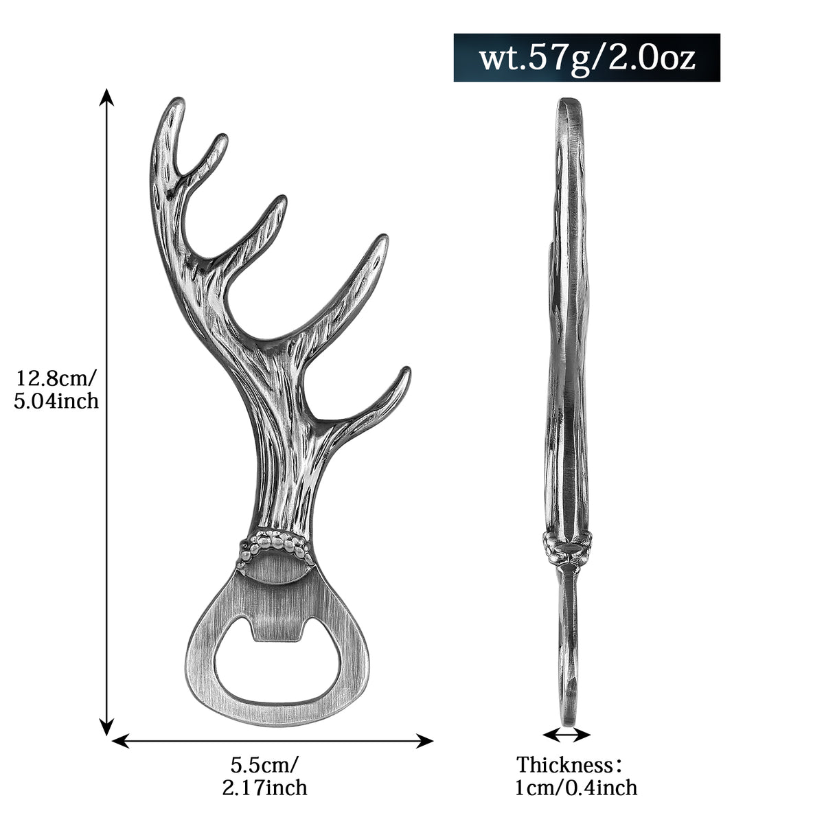 Dark Silver deer antler bottle opener with size and weight diagram