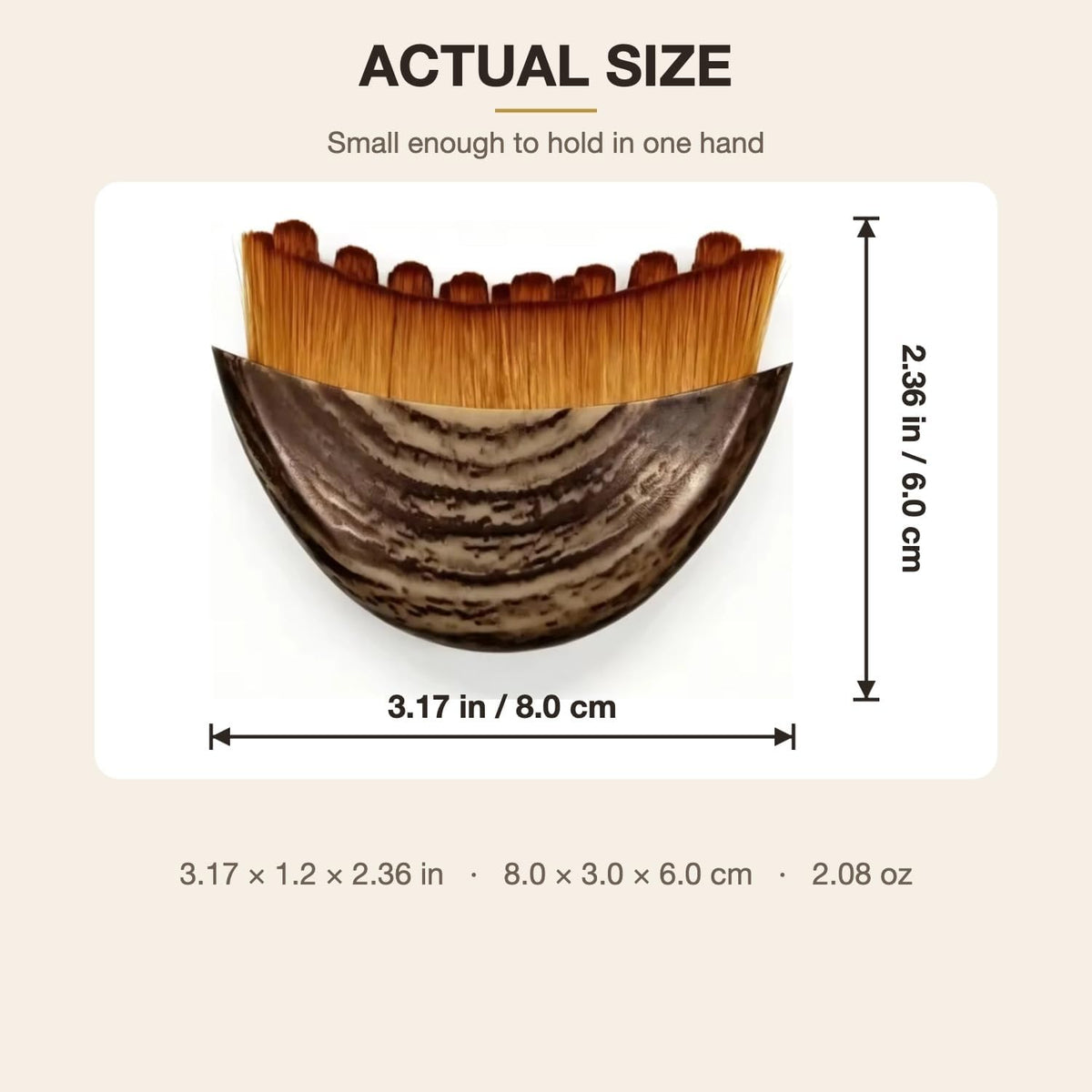 Actual size - 3.17 in / 8.0 cm by 2.36 in / 6.0 cm, small enough to hold in one hand
