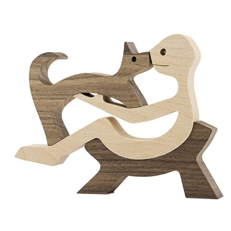 Wooden person and dog figurine, Style 18: person and dog sharing a kiss, two-tone wood