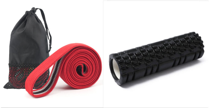 Black foam roller with drawstring bag and red band