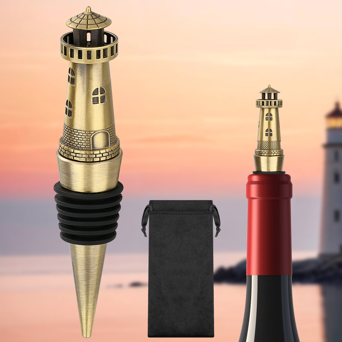 Bronze lighthouse wine stopper with black pouch and bottle at sunset