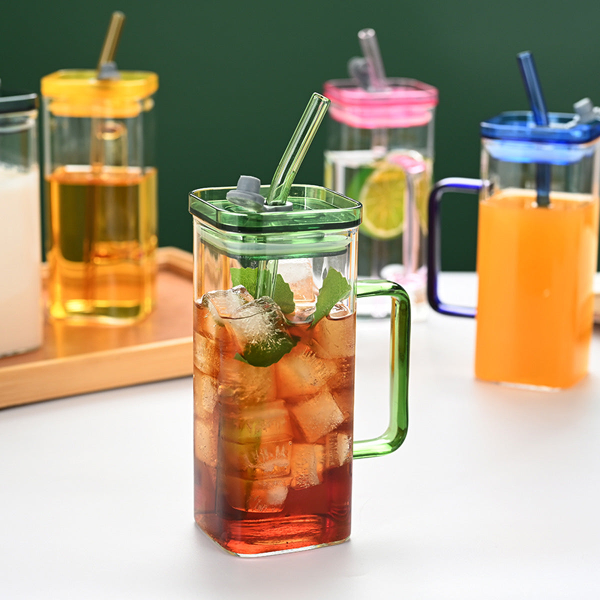 Square Glass Cups with Lids and Straws, Set of 6 - view 7