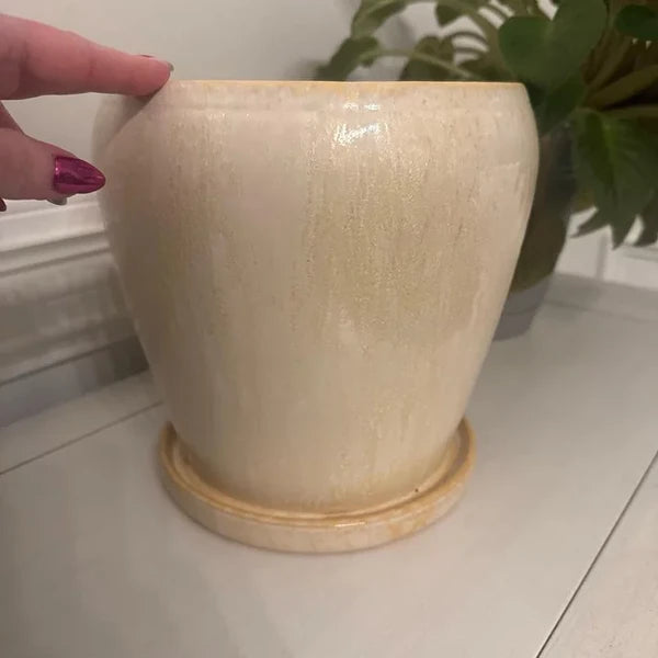 8 in Ceramic Planter with Reactive Glaze and Saucer, Off-White - image 5