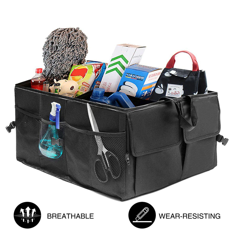 Black trunk organizer packed with bottles, cleaning supplies and household items