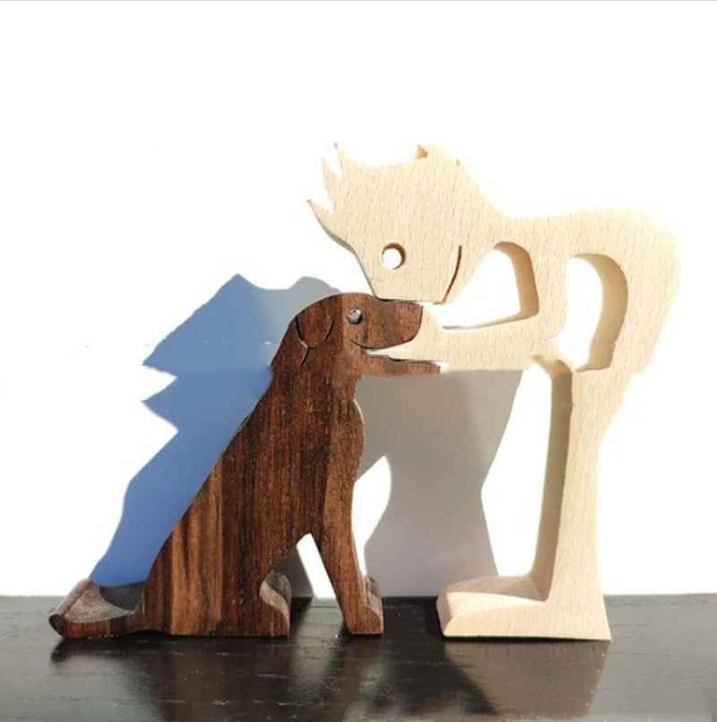 Wooden person and dog figurine, Style 6: person and dark wood dog on a shelf