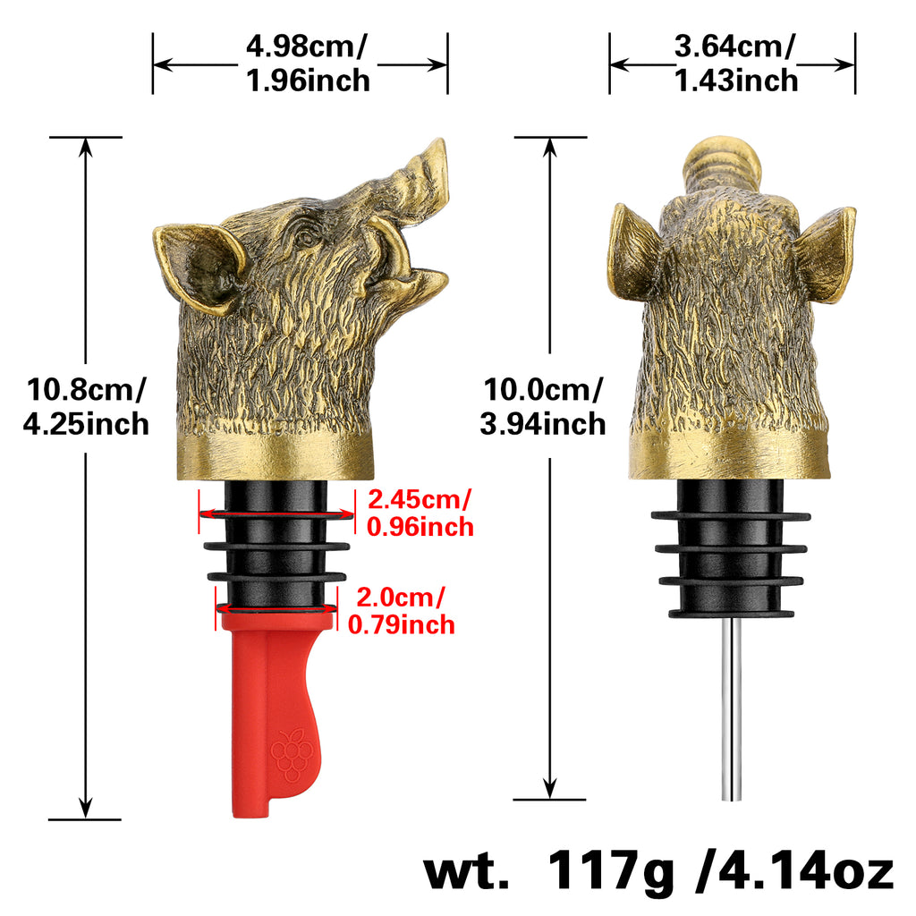 Bronze wild boar head wine pourer size diagram, 10.8 cm tall, 117 g