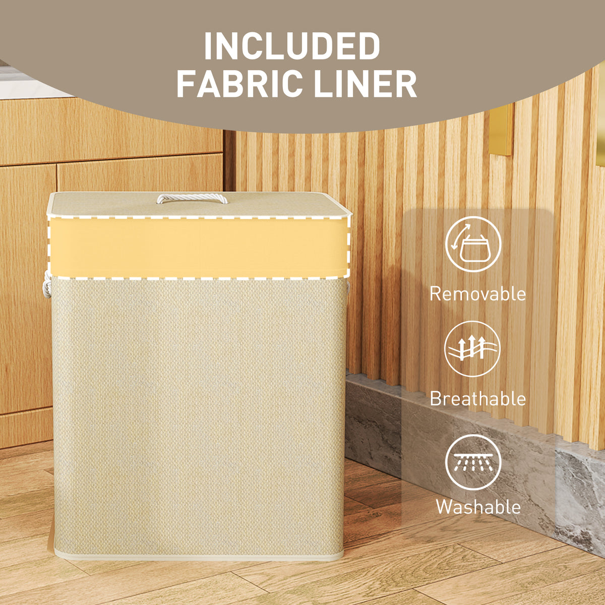 Double Bamboo Laundry Hamper with Lid, 2 Sections - view 7