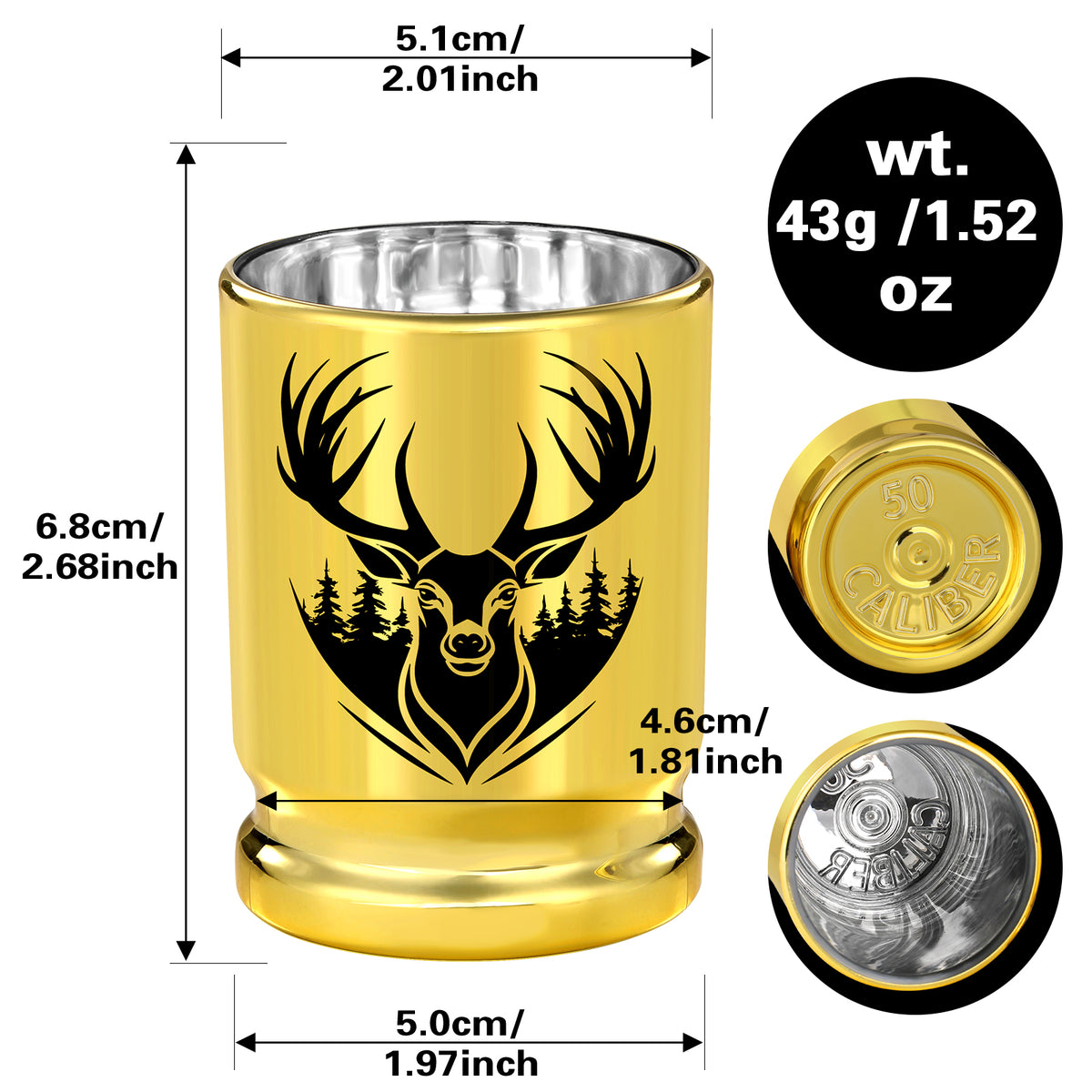 Gold deer head shot glass with size and weight dimensions