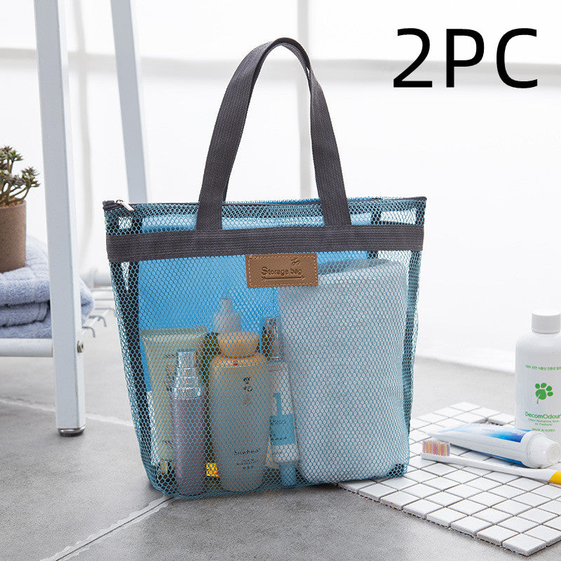 Sky blue mesh tote bag with toiletries, 2-pack option