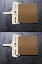 Two views of the wooden pizza peel with fabric belt on a dark surface