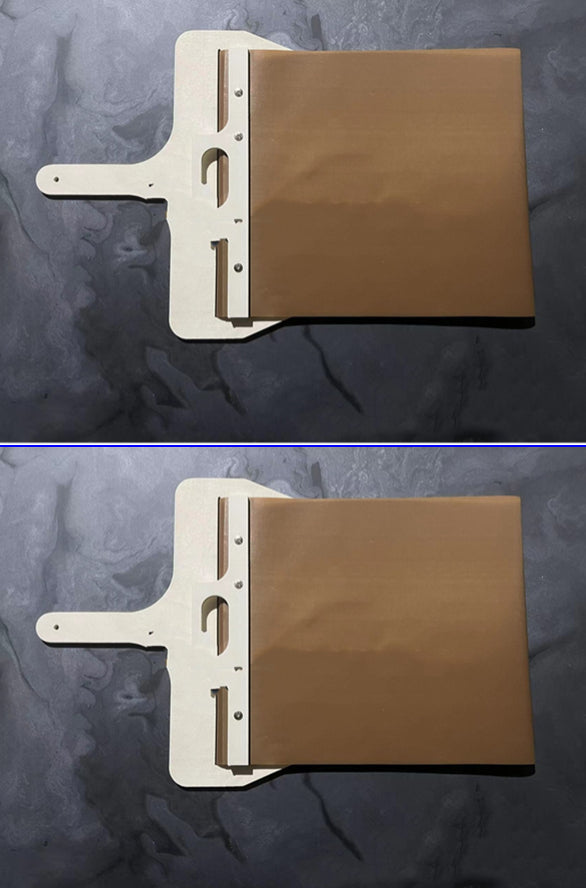 Two views of the wooden pizza peel with fabric belt on a dark surface