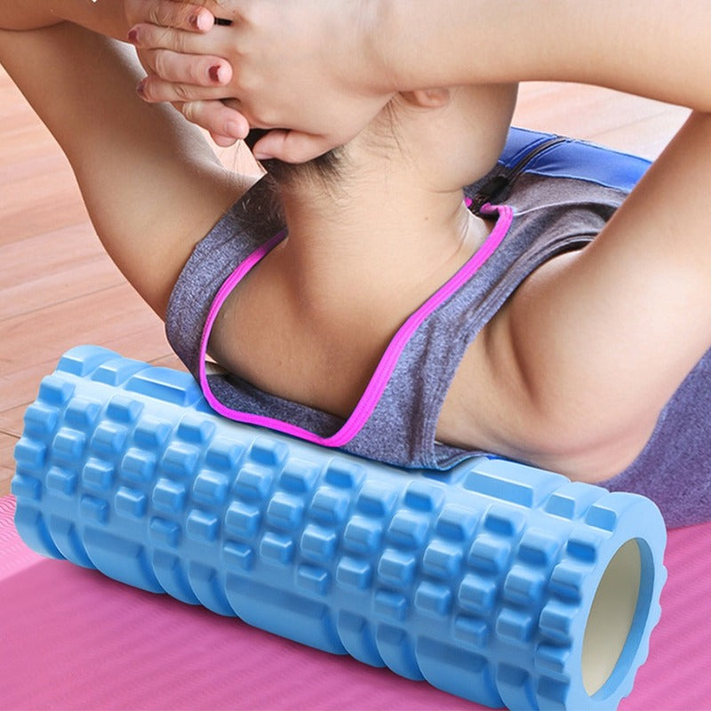 Blue foam roller with drawstring bag and red band