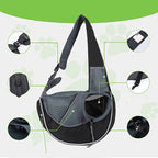 Black pet sling carrier shown with close-ups of its drawstring, zip and strap details