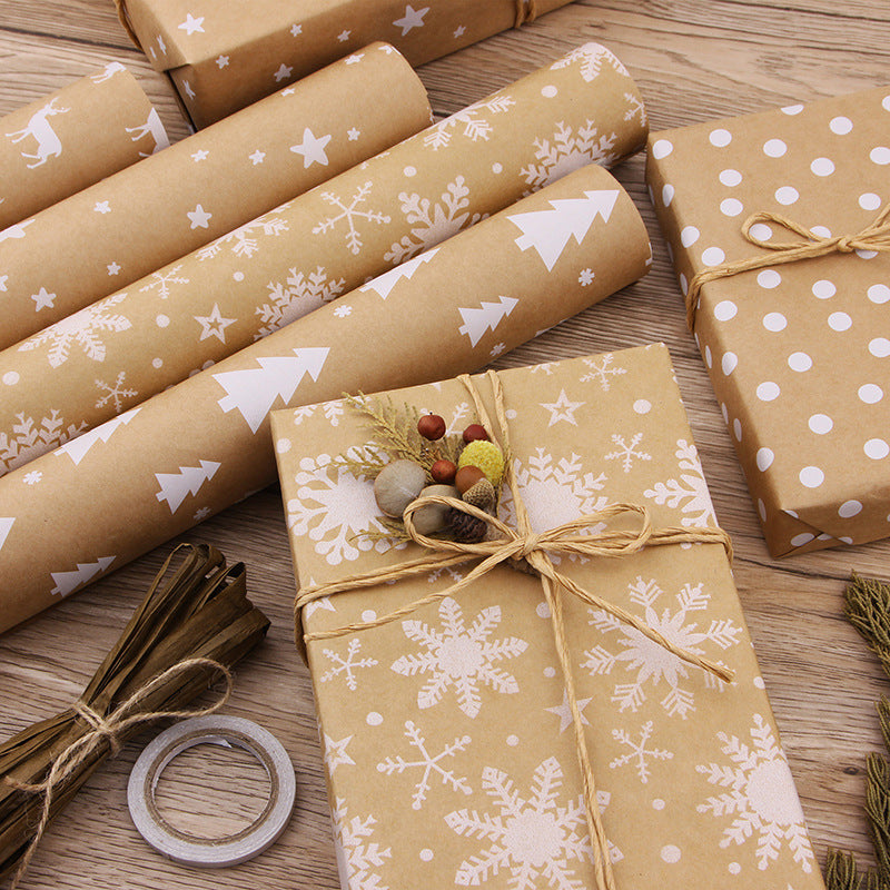 Kraft Christmas Wrapping Paper, Snowflake and Tree Prints