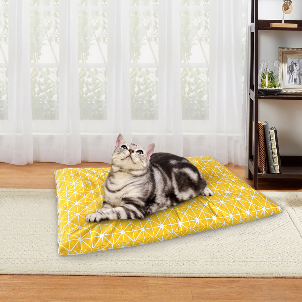 Cat resting on a yellow pet bed mat