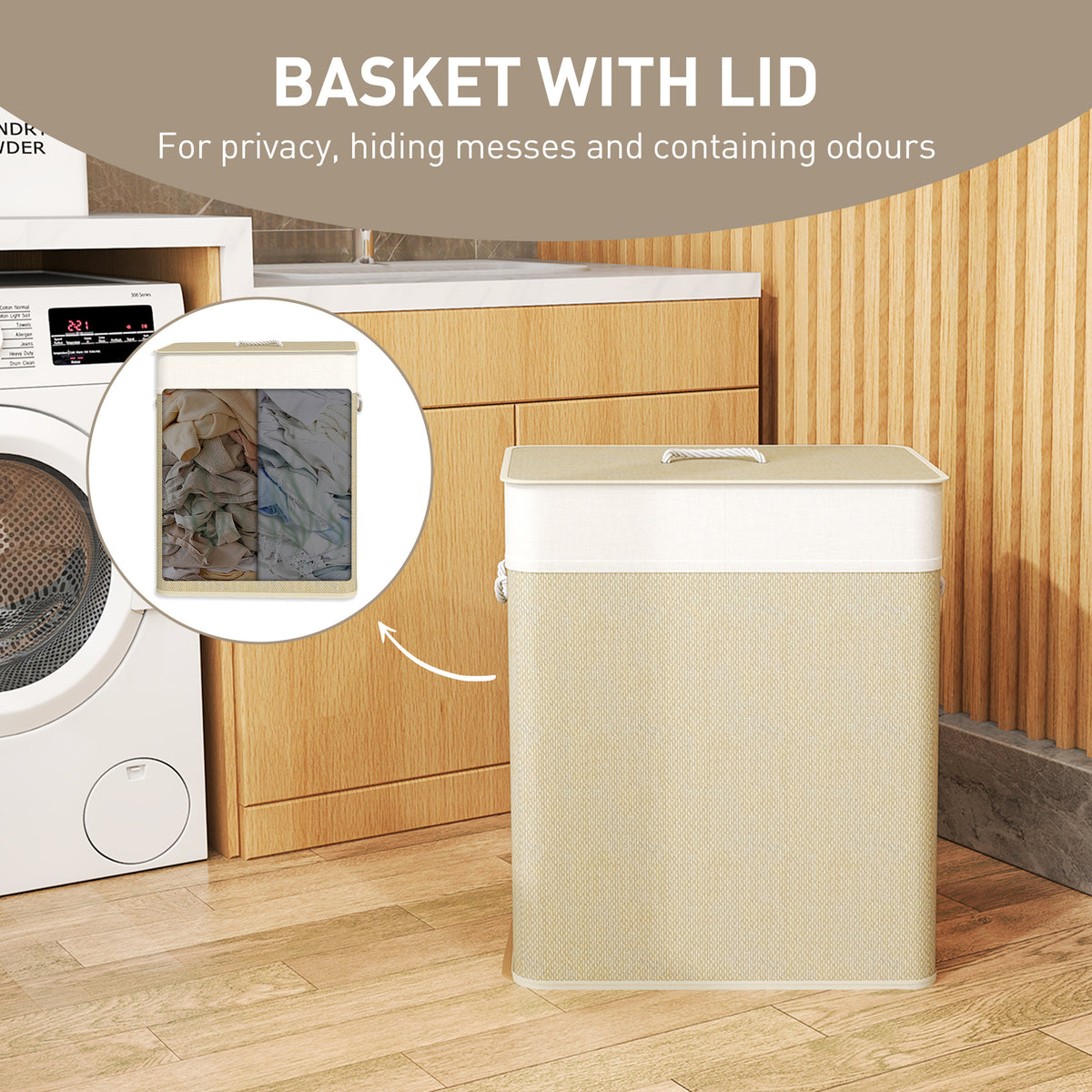 Double Bamboo Laundry Hamper with Lid, 2 Sections - view 5