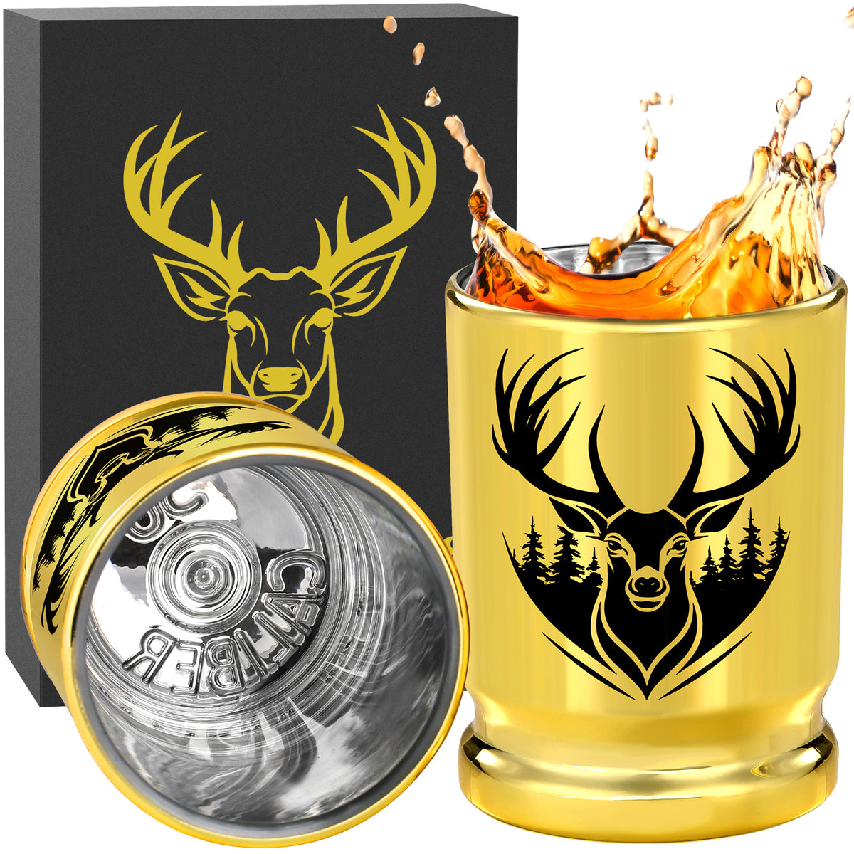 Gold deer head shot glass with whiskey splash and open gift box