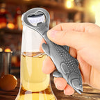 Hand using Dark Silver bass fish bottle opener on a beer bottle