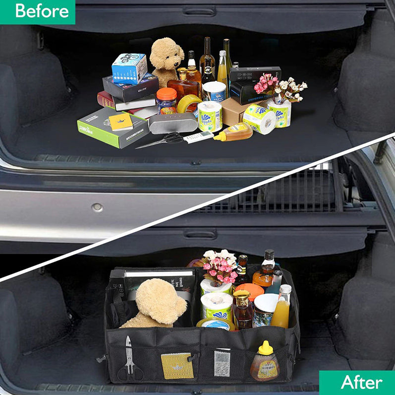Before and after view of a cluttered car trunk and the same trunk tidied with the black organizer