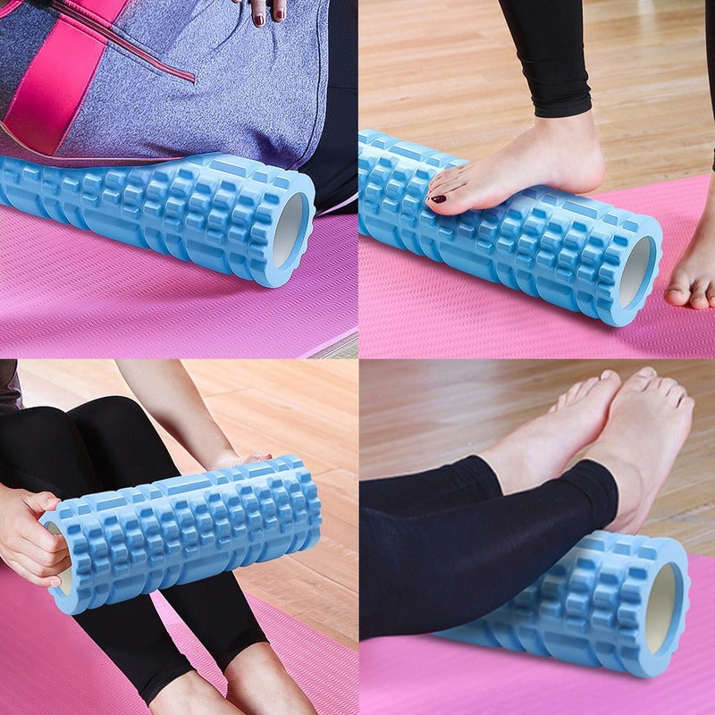Blue foam roller shown in four exercise and stretching poses