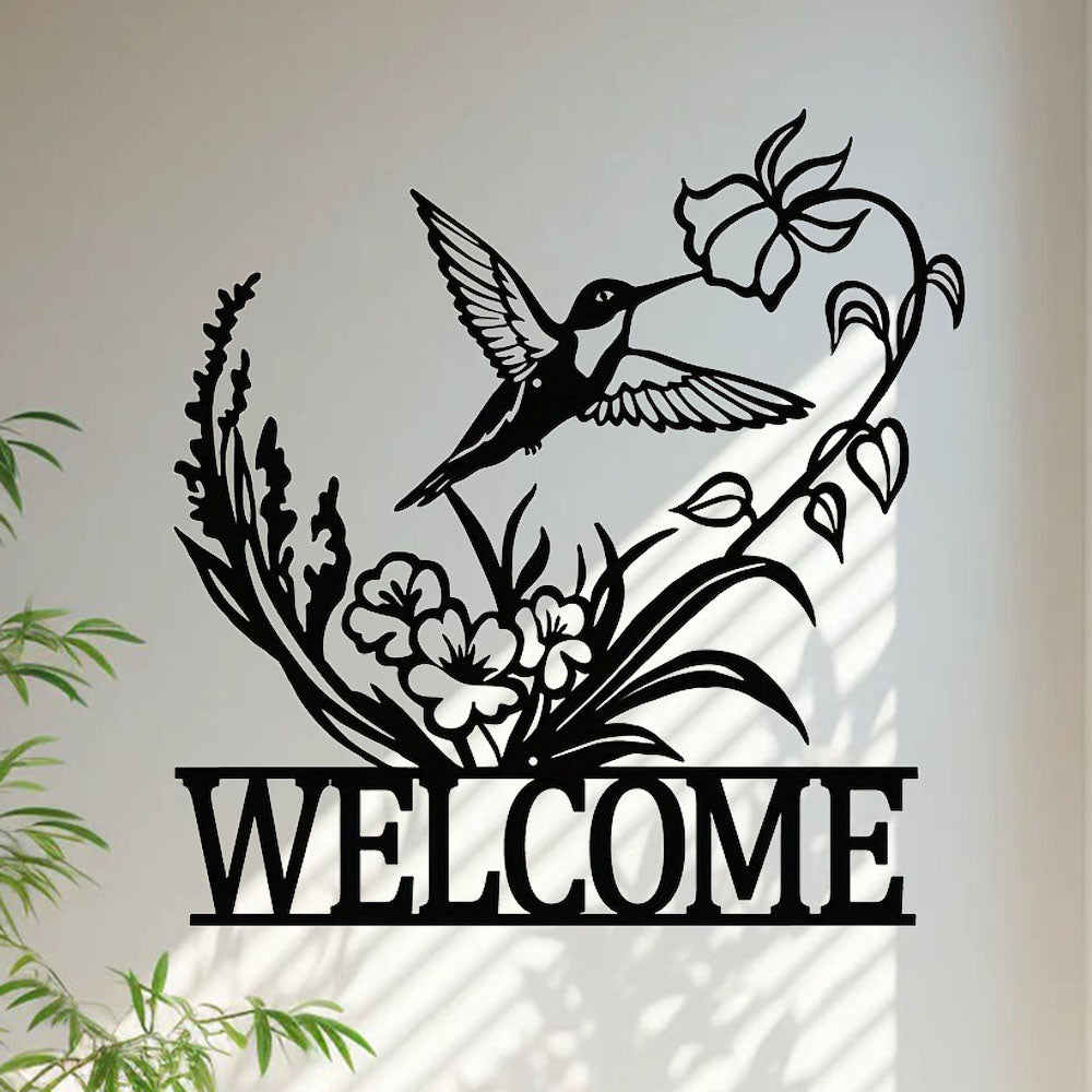 Hummingbird Welcome Sign, Black Metal Wall Art - image 3