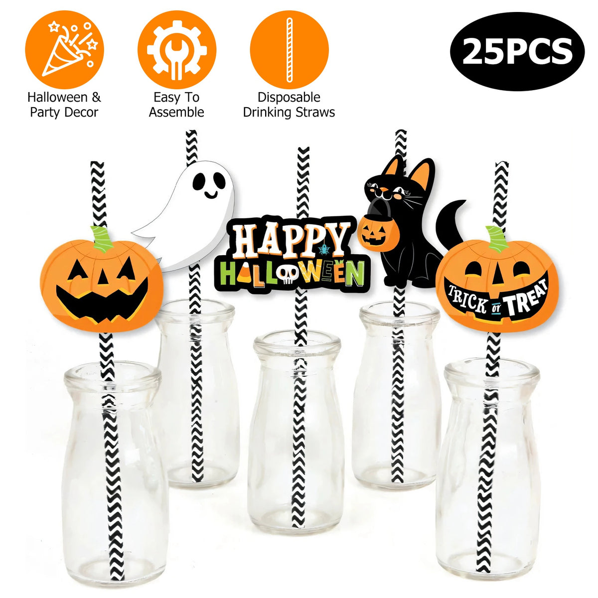 Halloween Paper Straws with Decorative Toppers, 25-Piece Party Set - image 1